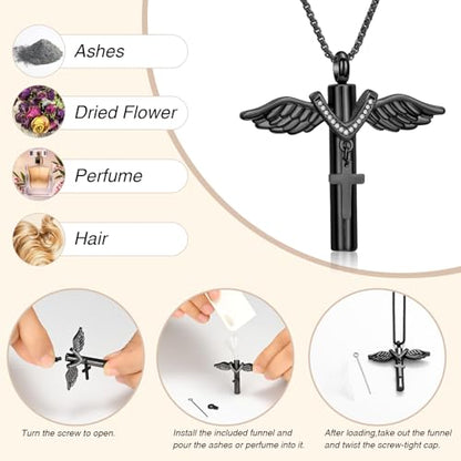 Oinsi Black Cross Urn Necklace For Ashes Of Loved Ones With Birthstone Always In My Heart Cremation Jewelry Keepsake Pendant Women Men - color: Z-Black
