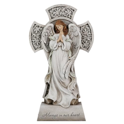 Memorial Angel Statue with Cross, 12 Inch Remembrance Angel for Loved One, Graveside or Home Sympathy Decor, Handwriting-Friendly Base