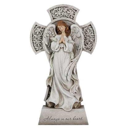 Memorial Angel Statue with Cross, 12 Inch Remembrance Angel for Loved One, Graveside or Home Sympathy Decor, Handwriting-Friendly Base