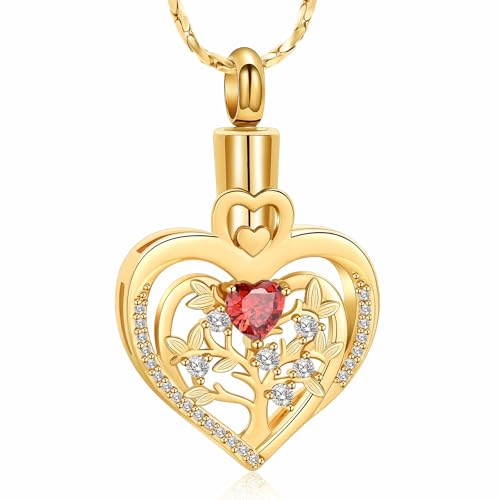 Imrsanl Tree of Life Heart Urn Necklace for Ashes Loved Ones Keepsake Cremation Jewelry Funeral Memorial Ashes Holder Pendant for Women - color: Gold-Red