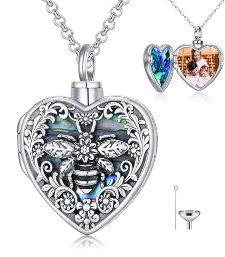 Personalized Heart Urn Locket Necklace for Ashes and Pictures 925 Sterling Silver Customized Locket Cremation Necklace for Ashes Memorial Keepsake Jewelry for Women - color: Abalone Bee Urn Locket, style: Custom