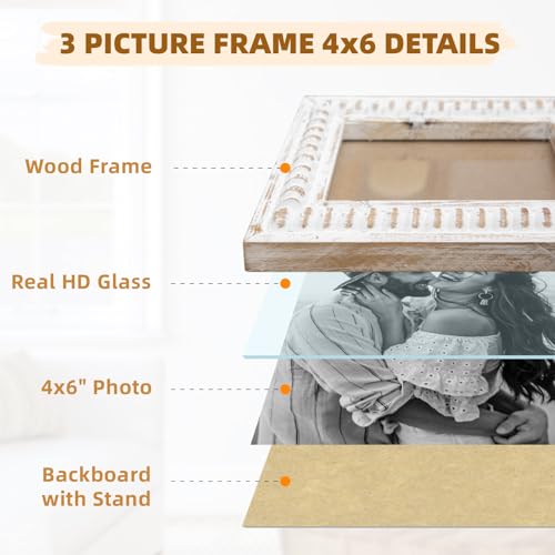 MODE HOME Whitewashed Folding 3 Picture Frame 4x6, Wooden Triple 4 x 6 Picture Frame for Tabletop Display, Farmhouse Picture Frames with Hinged Design, Family Photo Frame 4x6 - color: White, size: 3 Folding 4x6