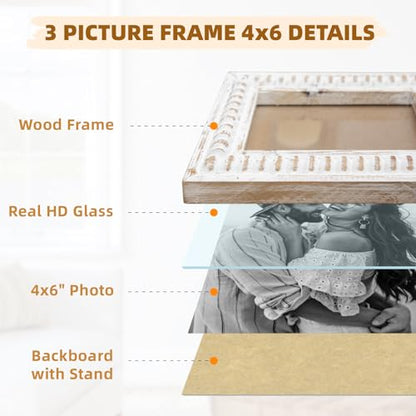 MODE HOME Whitewashed Folding 3 Picture Frame 4x6, Wooden Triple 4 x 6 Picture Frame for Tabletop Display, Farmhouse Picture Frames with Hinged Design, Family Photo Frame 4x6 - color: White, size: 3 Folding 4x6