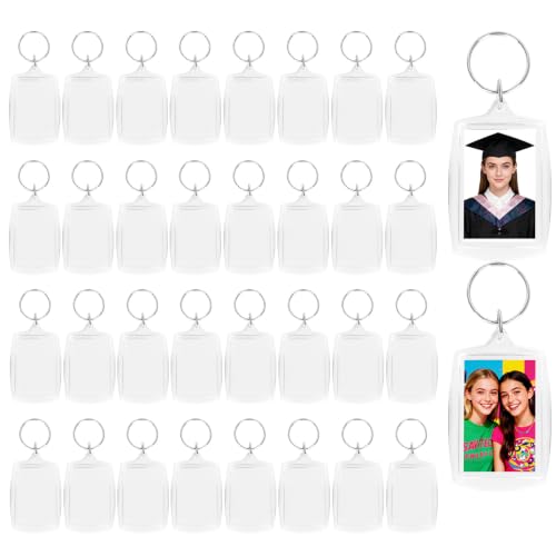 32 Pcs Acrylic Photo Frame Keyring Graduation Photo Insert Keychains Clear Double Sided Blank Picture Keychain Holder for Personalised Custom Gifts Artwork, 1.2 x 1.8 Inches Photo