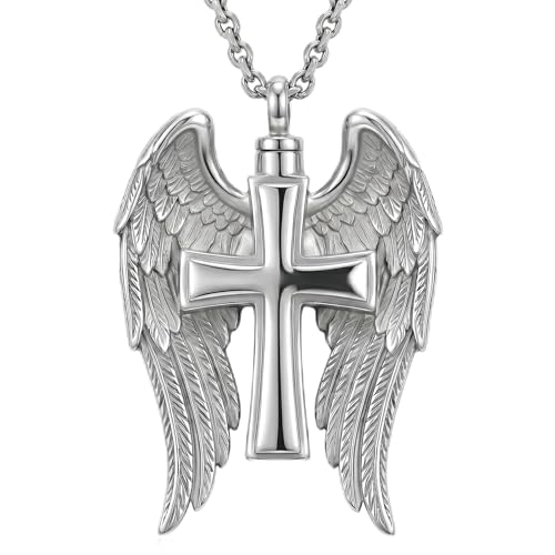 Urn Necklace for Ashes, Angel Wings Cross Vintage Pendant – Guardian Angel Remembrance Jewelry, Silver Tone Winged Cross Memorial Urn Keepsake Gift for Women Men