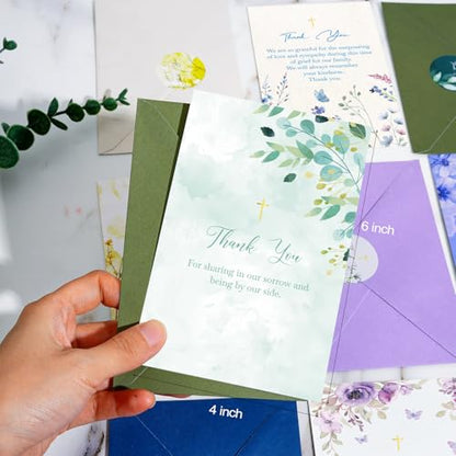 Funeral Thank You Cards, 24 Pack, Watercolor Floral with Gold Cross, 4x6 in | 300g card stock, no bleed-through, 24 cards with envelopes and stickers, pre-printed messages, for Memorial Service Gratitude