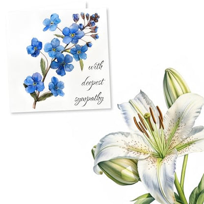 Condolence Greeting Card – With Deepest Sympathy Forget-Me-Not Floral Design – Blank Inside (135 x 135 mm) – Made in UK – With Envelope