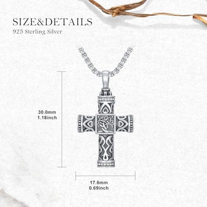 925 Sterling Silver Urn Necklace for Ashes, Teardrop/Tree of Life/Sunflower/Dragonfly/Sea Turtle/Celtic Knot/Elephant/Hummingbird Memorial Cremation Pendant Necklaces for Animal Human Ashes - color: A1: Tree of life-Cross
