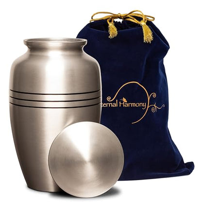 Eternal Harmony Large Urn for Ashes, Adult Male & Female Cremation Vase for Human Ashes, Secure Seal & Velvet Bag, Funeral Vase for Men & Women Up to 200 lbs, 7x11” (Large, Silver)