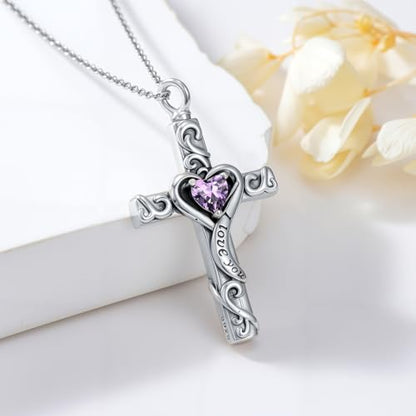 TOUPOP Cross Urn Necklaces for Ashes Birthstone Cremation Jewelry 925 Sterling Silver Cross Memorial Keepsake Jewelry for Women (with Funnel Filler) - color: 02-February-Amethyst