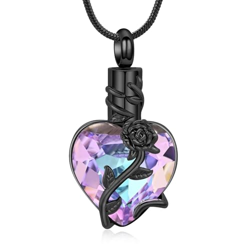 Heart Birthstone Urn Necklaces for Ashes Roseflower Cremation Memorial Ashes Pendant for Men Women Pet/Loved One Keepsakes Cremation Jewelry - color: Black purple