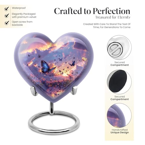 Twilight Butterflies Heart Urn for Human Ashes | Purple 3-Inch Mini Cremation Keepsake Urn, Pack of 1 - color: Purple Butterfly Heart, size: 3 Inch - Pack of 1