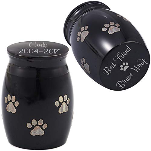 Personalized Mini Dog Paw Print Cremation Urn for Pet Ashes Holder 316L Stainless Steel Small Memorial Keepsake for Loved Puppy Cat, Free Engraving (Black) - color: Black (Customizable)