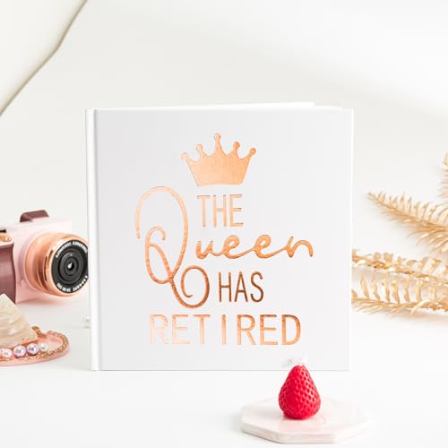 Calculs Retirement Party Guest Book for Mom The Queen Has Retired Guestbook Polaroid Picture Book 8.5” Square Hardcover Blank Pages for Instax White Cover Rose Gold Stamping - style: Contemporary