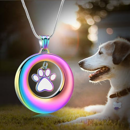 Dog Paws Cremation Jewelry Pet/Cat/Dog Paws Urn Necklaces for Ashes Stainless Steel Pet Ashes Holder Memorial Keepsakes Locket Pendant Jewelry for Men Women - color: Rainbow