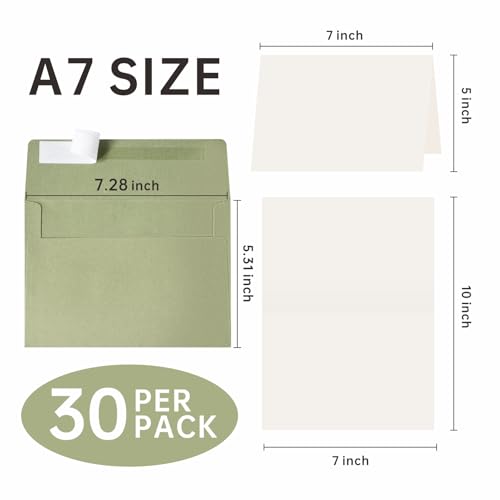 30 Sets A7 Cards & Envelopes 5x7, Sage Green & Cream White Folded Cards - color: Sage Green, size: 30 Pack A7 (5.31x7.28in) Cards and Envelopes