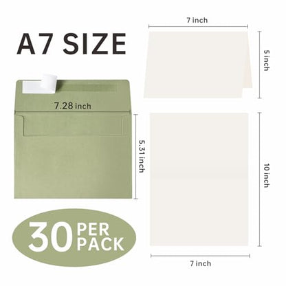 30 Sets A7 Cards & Envelopes 5x7, Sage Green & Cream White Folded Cards - color: Sage Green, size: 30 Pack A7 (5.31x7.28in) Cards and Envelopes