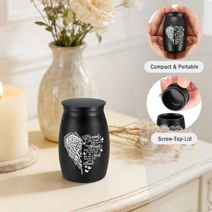 Abooxiu Small Urns for Human Ashes 2.76 Inches Mini Urn Aluminium Small Keepsake Urns with Angel Wings, Memorial Cremation Urn with 3D Printed Wing Frame, Sympathy Remembrance Urn for Loved One, Black