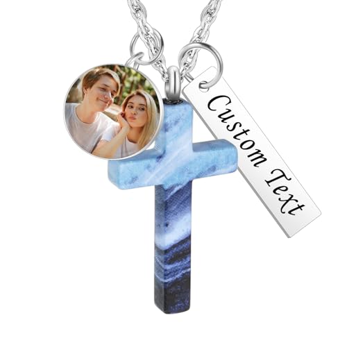 Dletay Cremation Necklace for Ashes Stainless Steel Cross Pendant Urn Necklace Memorial Keepsake Jewelry for Men Women - color: Blue-Custom