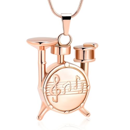 Drum Urn Necklace for Ashes Music Cremation Jewelry for Women Men Stainless Steel Memorial Necklaces Ash Holder for Human Pets Keepsake Jewelry for Loved Ones with Fill Tool - color: Rose Gold