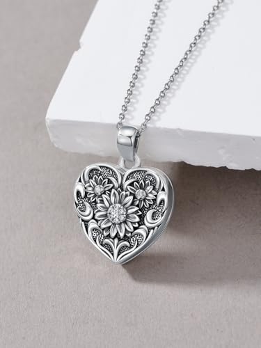 Midari Personalized Heart Locket Necklace That Hold 2 Pictures 925 Sterling Silver Oxidized Photo Necklace Memory Custom Photo Lockets Necklaces Jewelry Gifts for Family Women Lover Mom Dad - color: Sunflower, style: Locket Only