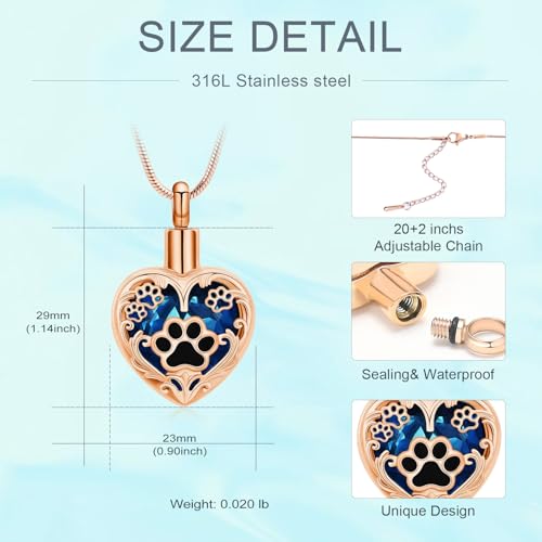 Heart Urn Necklace For Ashes Birthstone Pet Memorial Jewelry Dog Paw Print Cremation Pendant Stainless Steel Keepsake Gift For Pet Lovers - color: Rosegold blue