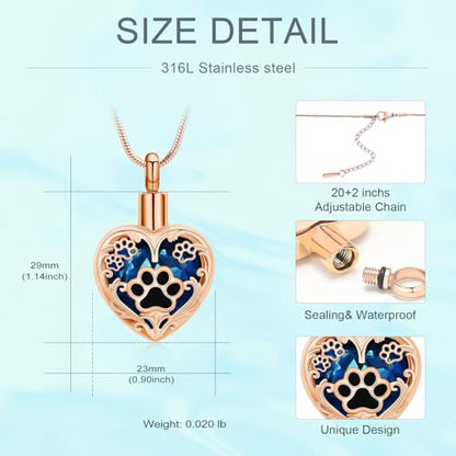Heart Urn Necklace For Ashes Birthstone Pet Memorial Jewelry Dog Paw Print Cremation Pendant Stainless Steel Keepsake Gift For Pet Lovers - color: Rosegold blue