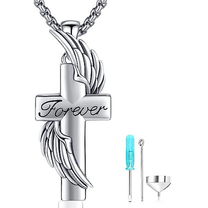 Aniu S925 Sterling Silver Urn Necklace Cremation Jewelry for Ashes - color: Cross Angel Wing-B