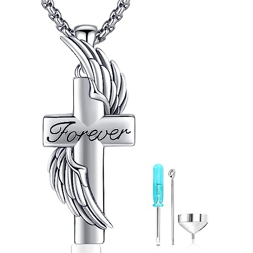 Aniu S925 Sterling Silver Urn Necklace Cremation Jewelry for Ashes - color: Cross Angel Wing-B