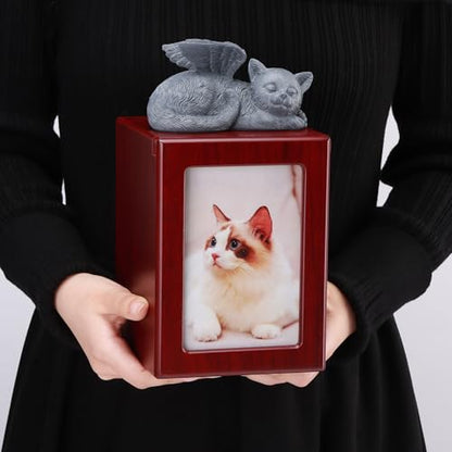 Cat Urn for Ashes, Wooden Keepsake for Ashes with Photo Frame | Cherry Red Cremation Box with Resin Angel Statue and Sealed Storage Bags (60lbs)
