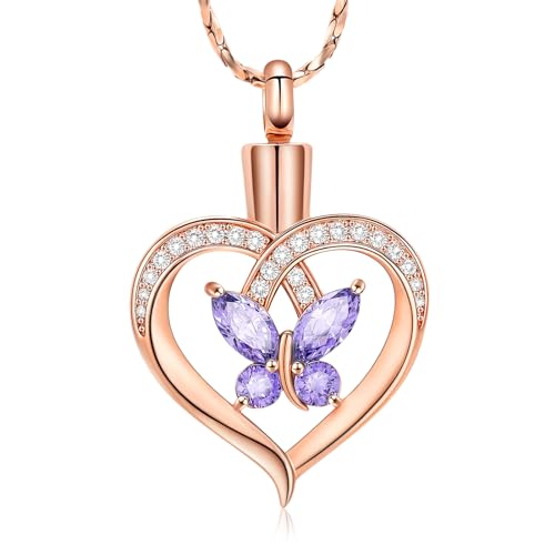 Imrsanl Butterfly Heart Pendant Cremation Urn Necklace for Women - color: Rose Gold-Purple