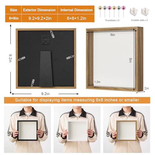 8x8 Shadow Box Frame with Ultra-Clear Glass & Soft Linen Back | With Push Pins and Stand, Deep 1.2" Brown Shadow Box Display Case – Display on Tabletop or Wall for Photo, Flower, Keepsakes - color: Brown+high Definition Panel + Shatter-proof Packaging, si