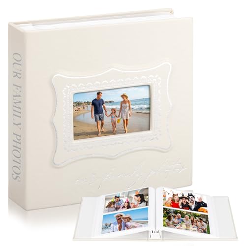 Dunzoom Our Family Photo Album 200 Pcs 4x6 Inch Leather Wedding Anniversary Album with Front Window Double Heart Design Couple Gifts - style: Our Family Photos