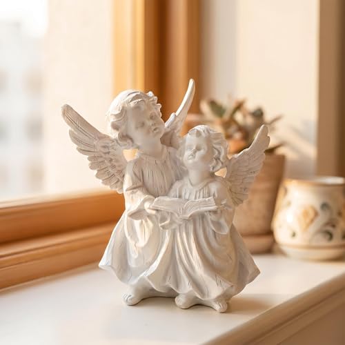 Pair of Angel Cherubs Reading Book, Resin Home Garden Decor - color: Angels