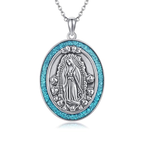 YAFEINI Virgen De Guadalupe Necklace 925 Sterling Silver Mother Mary Necklace Virgencita Jewelry Thanksgiving Day Gifts for Women - style: Turquoise2