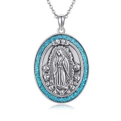 YAFEINI Virgen De Guadalupe Necklace 925 Sterling Silver Mother Mary Necklace Virgencita Jewelry Thanksgiving Day Gifts for Women - style: Turquoise2