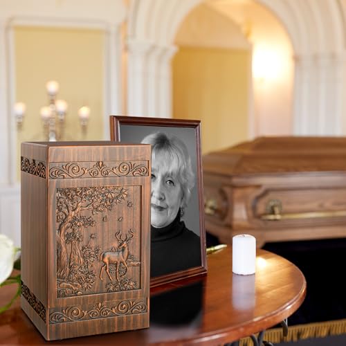Wooden Urn for Ashes Adult Male Female, Cremation Urns for Human Ashes Adult Men Women, Decorative Burial Funeral Memorial Deer Urn Box Holds 250 Cubic Inches