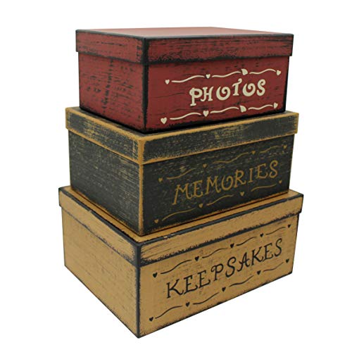 CVHOMEDECO. Primitive Vintage Rectangular Photos, Memories, Keepsakes Cardboard Nesting Boxes, Large 12 X 9 X 5-1/2 Inch. Set of 3. - color: Photos, Memories, Keepsakes, size: 12" X 9" X 5-1/2"H