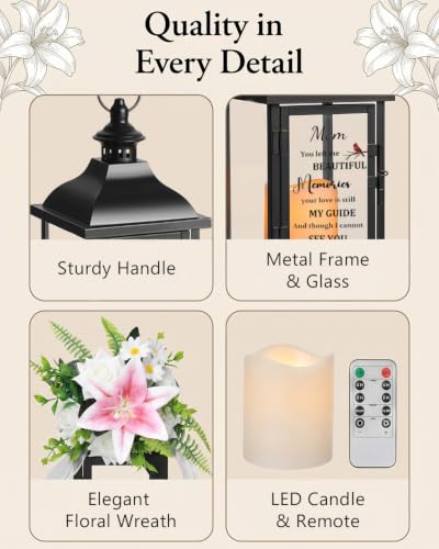 Memorial Lantern with Flower, Sympathy Gift for Loss of Mom, Bereavement Funeral Gift in Memory of Beloved Mother - color: Mom/Black