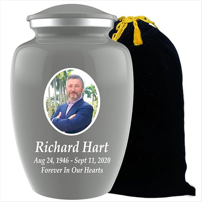 Personalized Photo Cremation Urns for Adult Ashes Male Female - 200lbs Custom Photo Burial Urns for Human Ashes - Engraved Handcrafted Funeral Decorative Urns for Adult with Velvet Bag, Grey