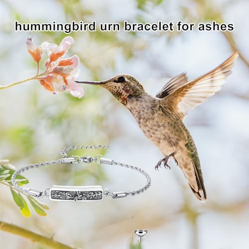 Urn Bracelet for Ashes for Women 925 Sterling Silver Bar Cremation Bracelet Cremation Memorial Keepsake Jewelry Gifts for A Loss of Loved Ones - style: Hummingbird-Text