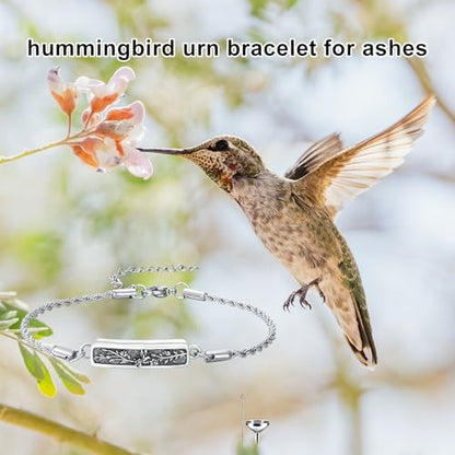 Urn Bracelet for Ashes for Women 925 Sterling Silver Bar Cremation Bracelet Cremation Memorial Keepsake Jewelry Gifts for A Loss of Loved Ones - style: Hummingbird-Text