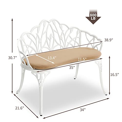 HOMEFUN Outdoor Bench with Cushion, White Tulip Cast-Aluminum Loveseat | Patio Garden Benches, Metal Loveseat, Cast-Aluminum, For Park Lawn Front Porch - color: White Tulip With Cushion