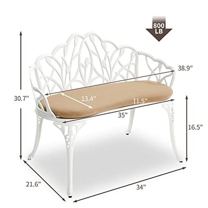 HOMEFUN Outdoor Bench with Cushion, White Tulip Cast-Aluminum Loveseat | Patio Garden Benches, Metal Loveseat, Cast-Aluminum, For Park Lawn Front Porch - color: White Tulip With Cushion