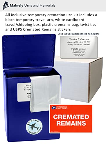 CarrySafe TSA-Approved Travel Urn Kit – Guaranteed Fly-Safe Temporary Cremation Urn for Human Ashes – Includes Personalization – Airline Friendly, 200 Cu in, Blue Plastic with Travel Box - color: Blue Personalized