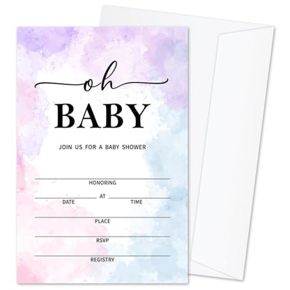 Oh Baby! Baby Shower Invitations for Boys Girls, Tie-Dye Baby Announcement Invite Cards, 25 Set of Fill-in Invites with Envelopes, Gender Reveal Party Supplies -B10 - color: Tie-Dye-Oh Baby