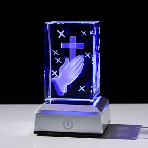 LONGWIN 3D Crystal Praying Hands Christian Religious Gifts for Women Men, Glass Laser Engrave Jesus Cross Figurine Cube Multicolor Led Night Light - style: Praying Hand