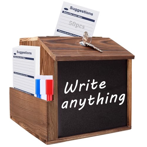 Wood Suggestion Box with Slot and Lock, Donation Box for Saving Fundraising | 50 Cards, Keys and Chalkboard, Ideal for Charity, Church, Office Complaint & Secure Donation, Countertop or Wall Mounted