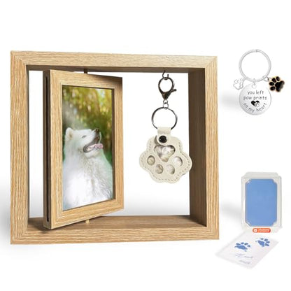 Pet Memorial Rotating Picture Frame Gift Set Dog Cat Loss (SolemnBrown) | 4x6 Photo Frame with Paw Print Kit, Fur Keepsake Box & Memorial Keychain | Complete Sympathy Gift Set - color: Natural Wood