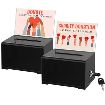 Clear Donation Box with Lock & Sign Holder, Versatile for Fundraising, Ballot Voting, Suggestions, and Tips Jar, Secure Storage Design, Size 6.2x4.6x4.0 Inch, Clear 2 Pack - size: Black 2p